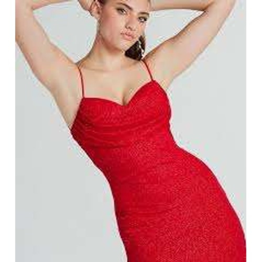 Windsor Red Sparkle Ruched Bodycon Mini Dress‎ Spaghetti Straps